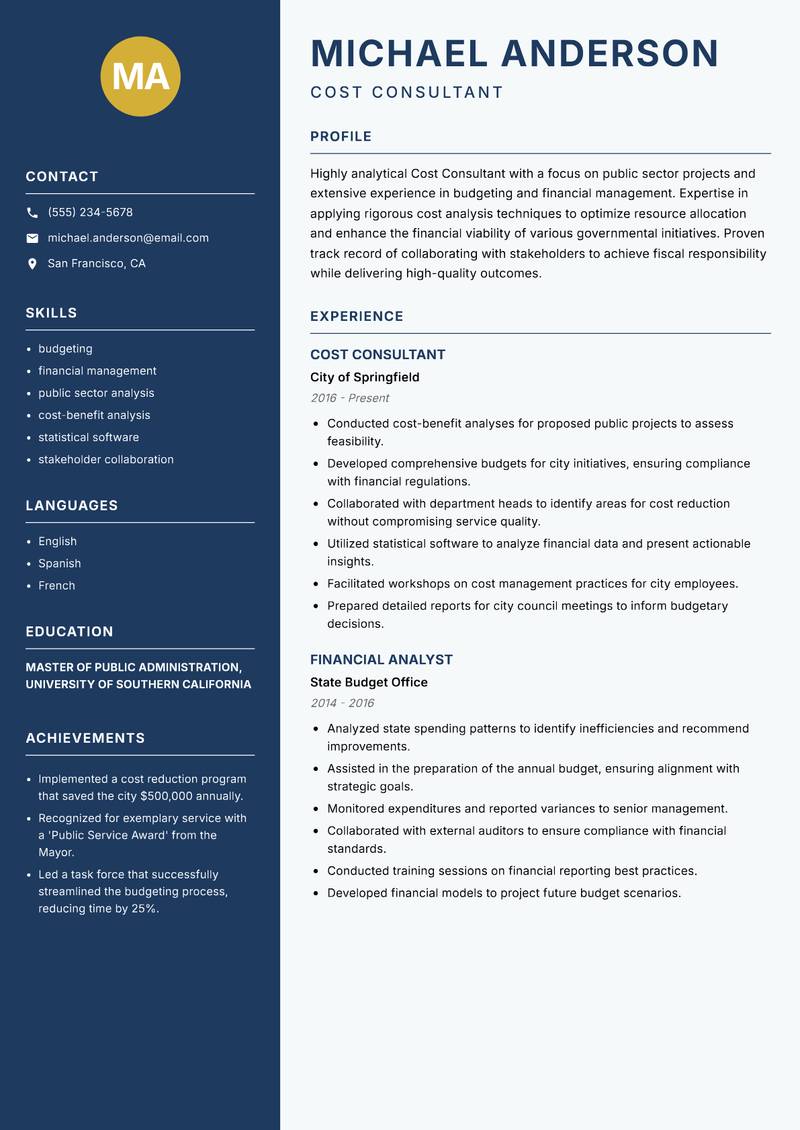 Cost Consultant Resume Preview Example