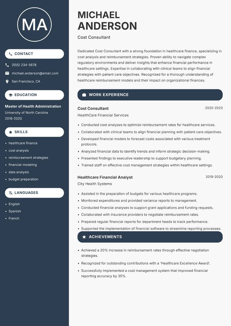 Cost Consultant Resume Preview Example