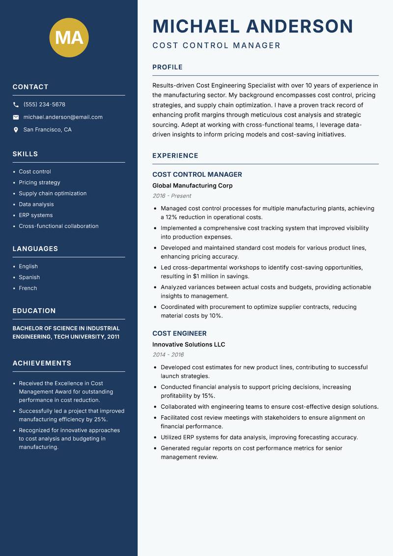 Cost Engineering Specialist Resume Preview Example