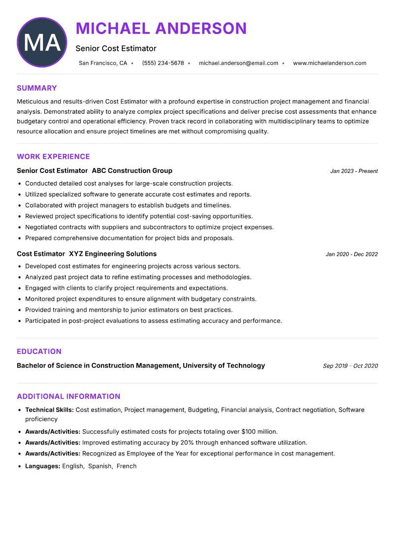Cost Estimator Resume Preview Example