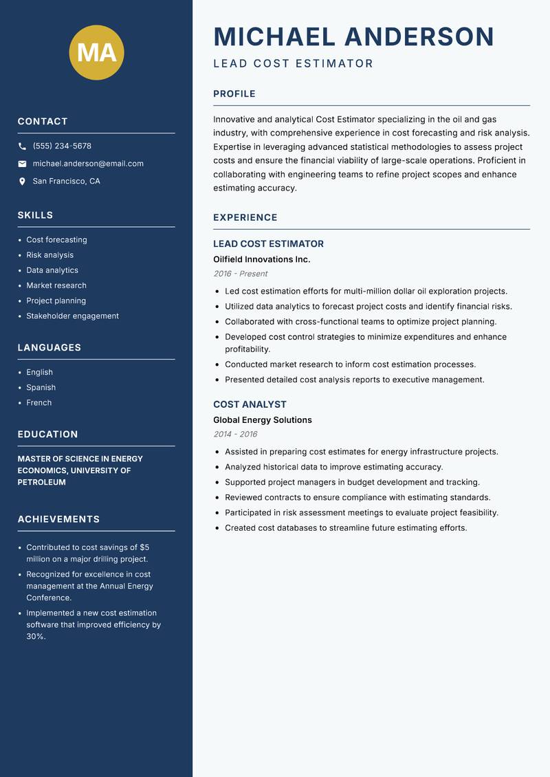 Cost Estimator Resume Preview Example