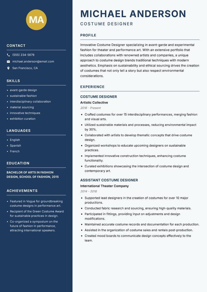 Costume Designer Resume Preview Example