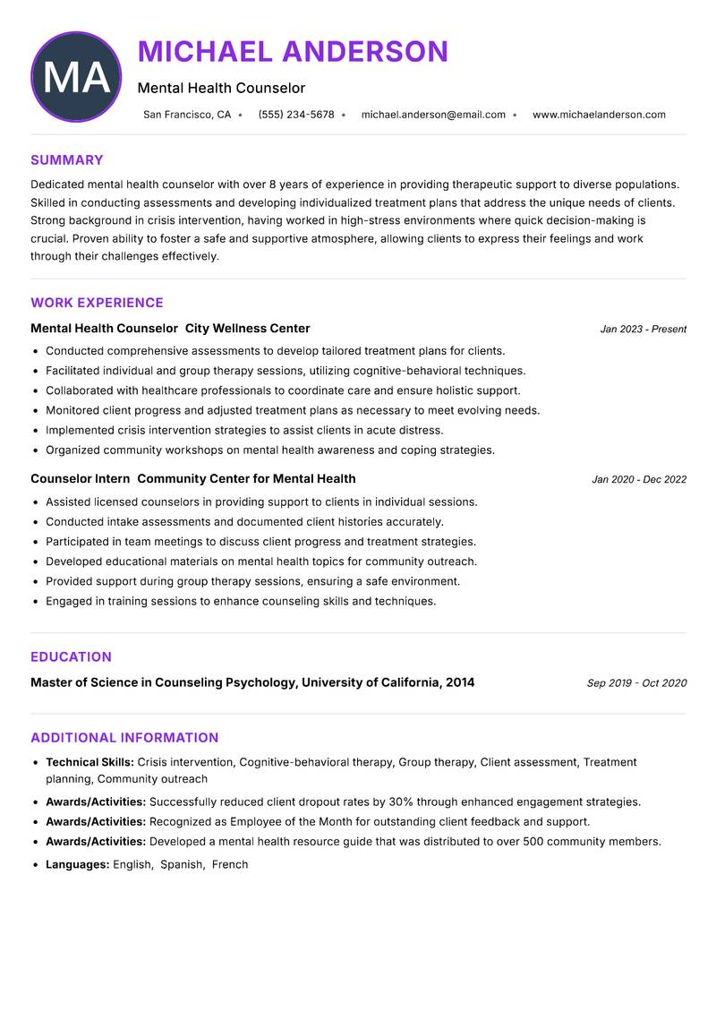 Counselor Resume Preview Example