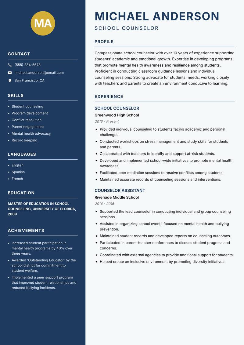 Counselor Resume Preview Example