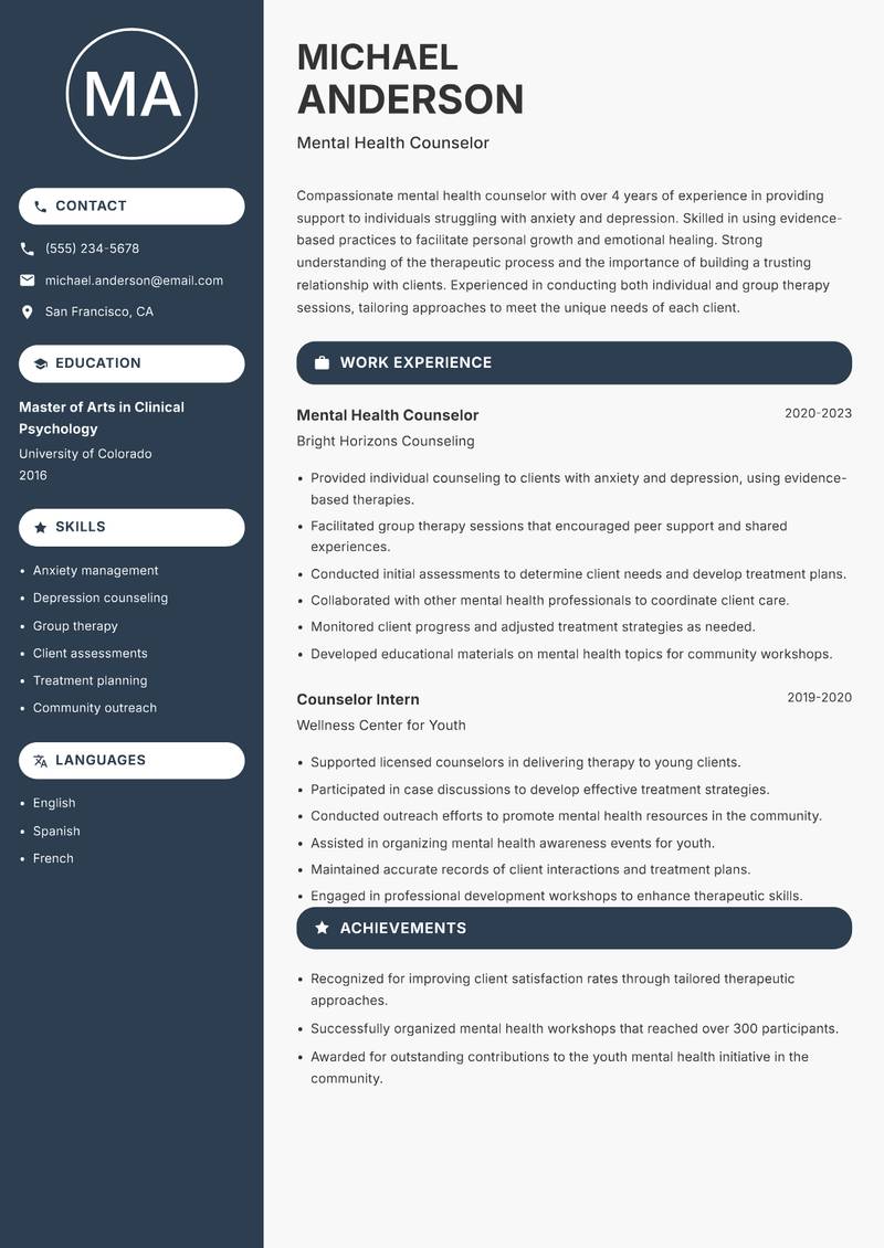 Counselor Resume Preview Example