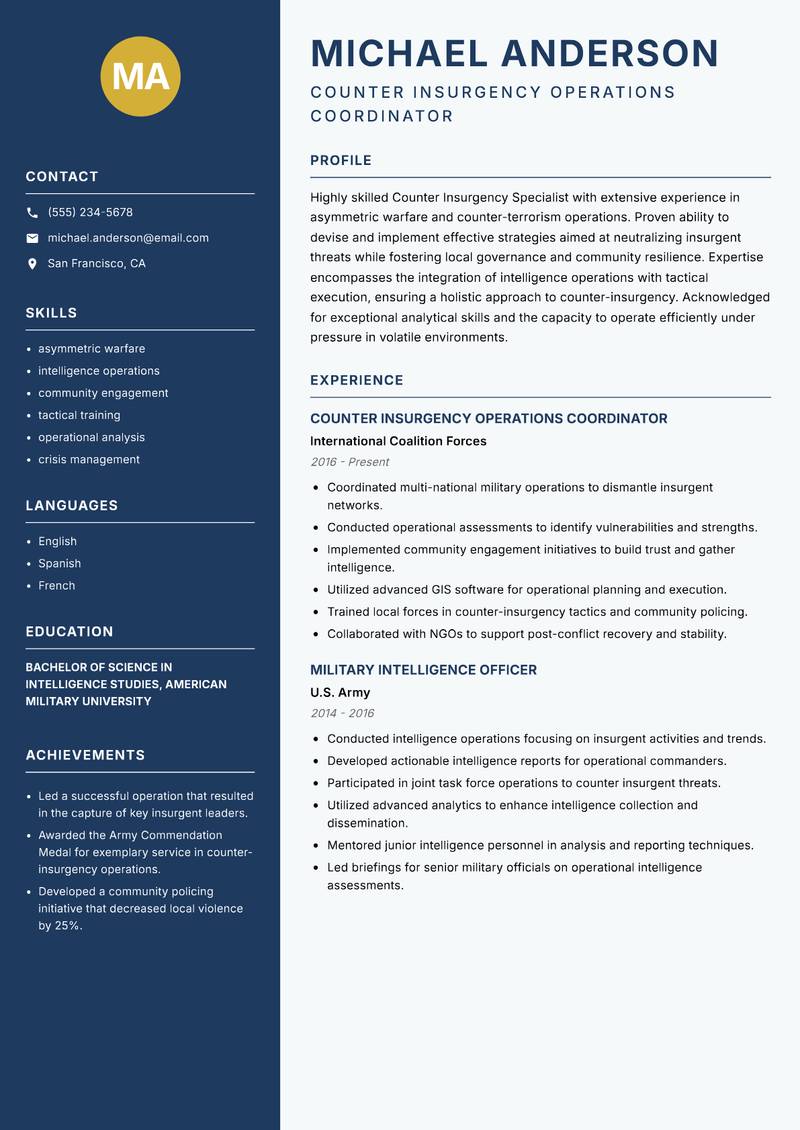 Counter Insurgency Specialist Resume Preview Example