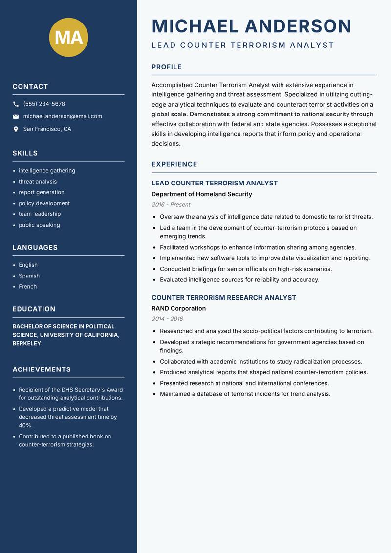 Counter Terrorism Analyst Resume Preview Example