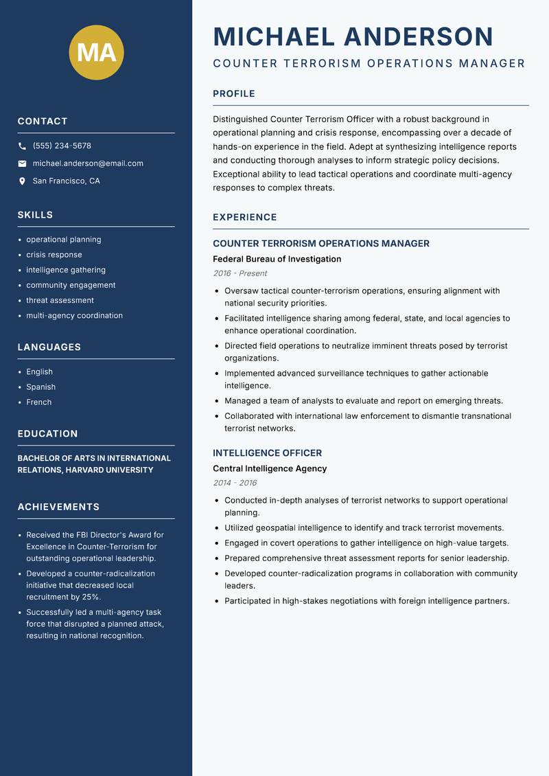 Counter Terrorism Officer Resume Preview Example