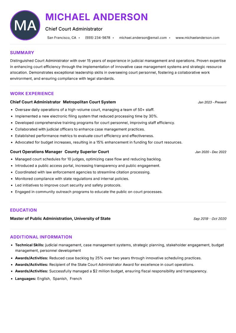 Court Administrator Resume Preview Example