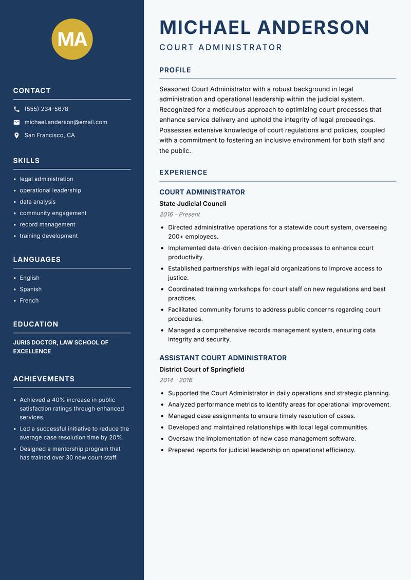 Court Administrator Resume Preview Example