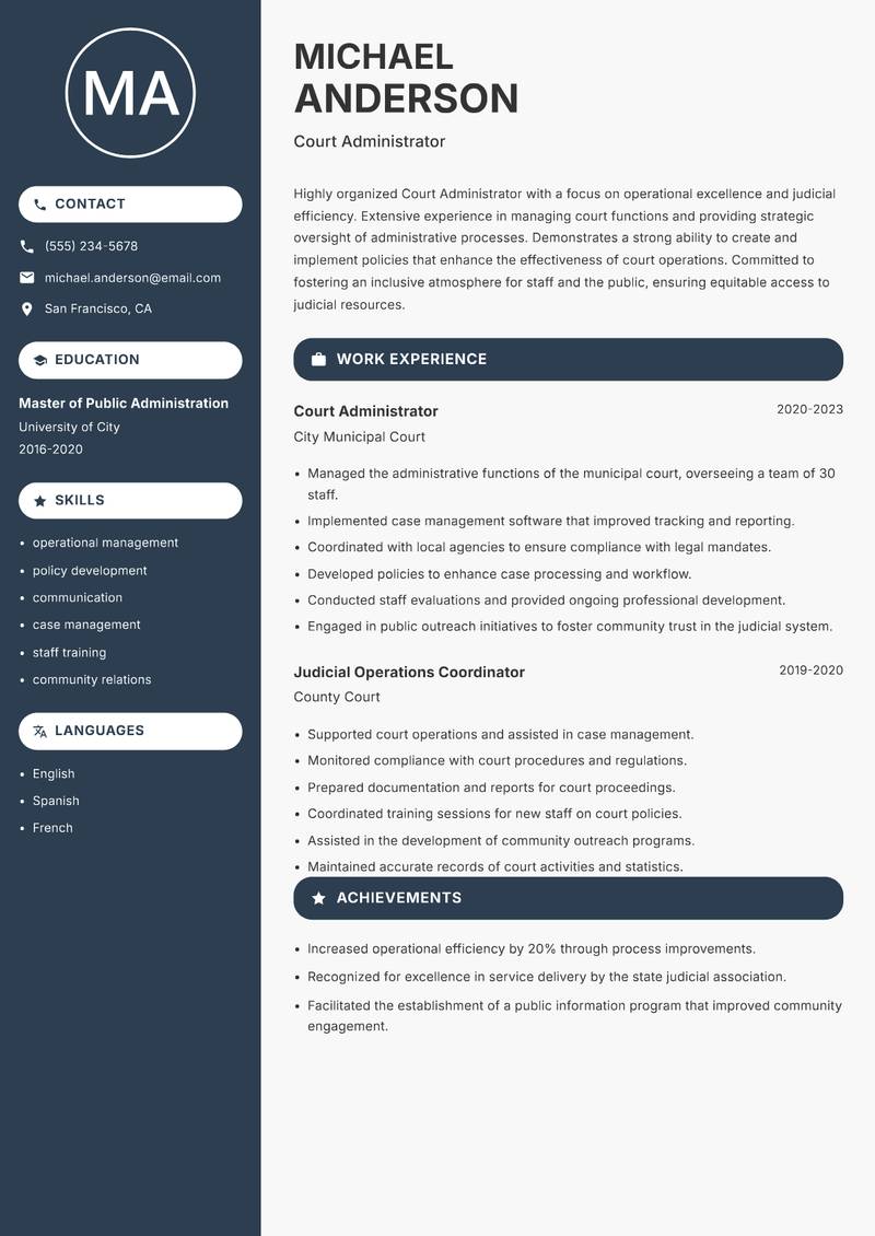 Court Administrator Resume Preview Example