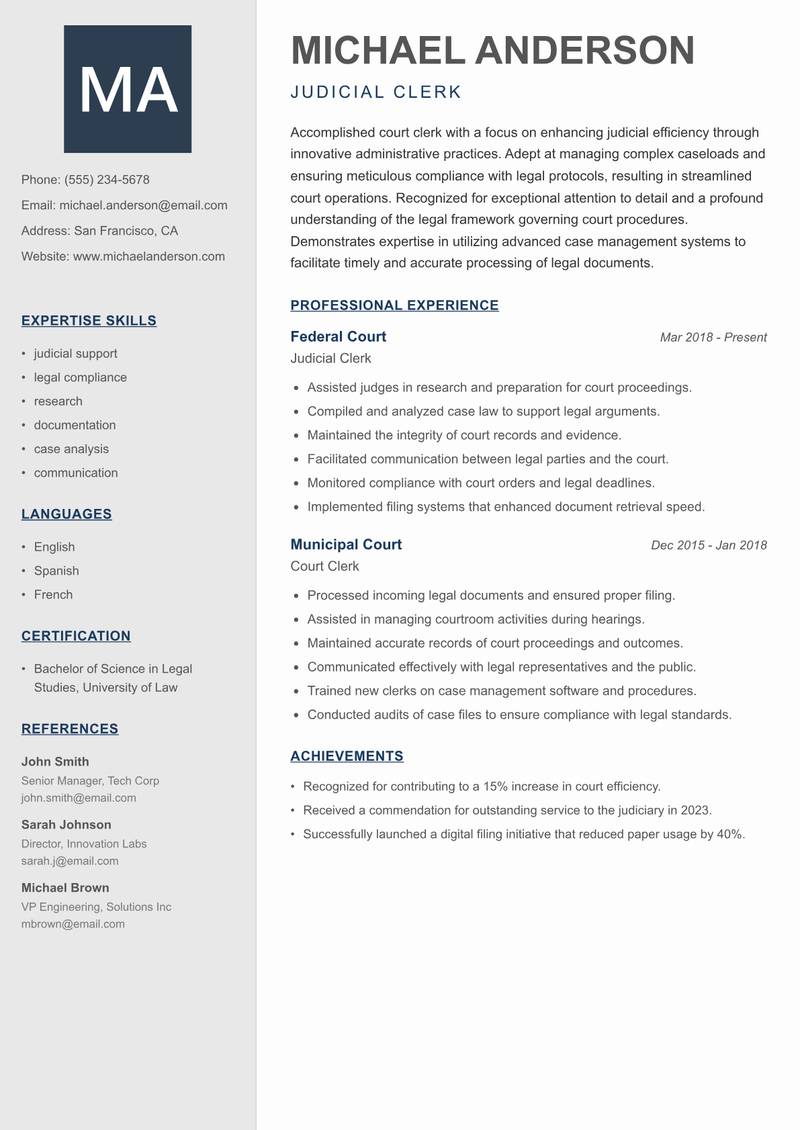 Court Clerk Resume Preview Example