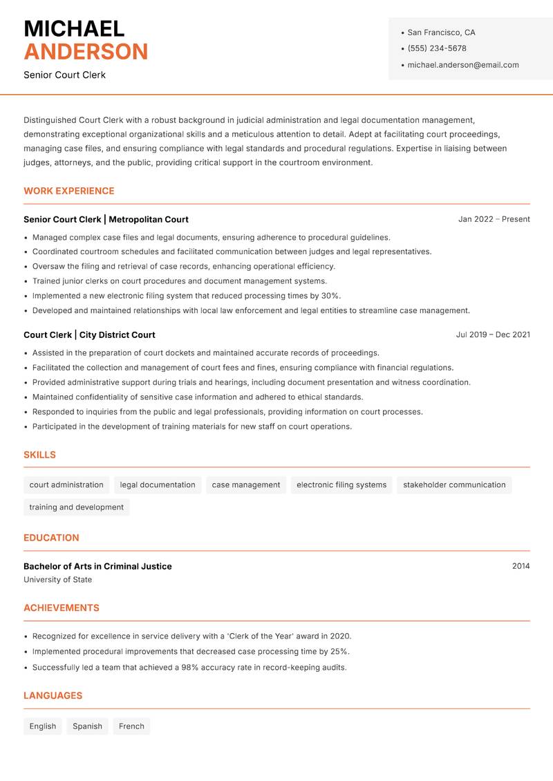 Court Clerk Resume Template