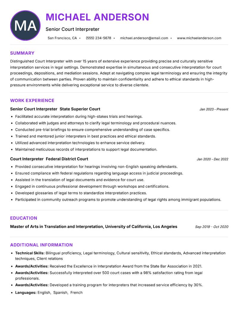 Court Interpreter Resume Preview Example