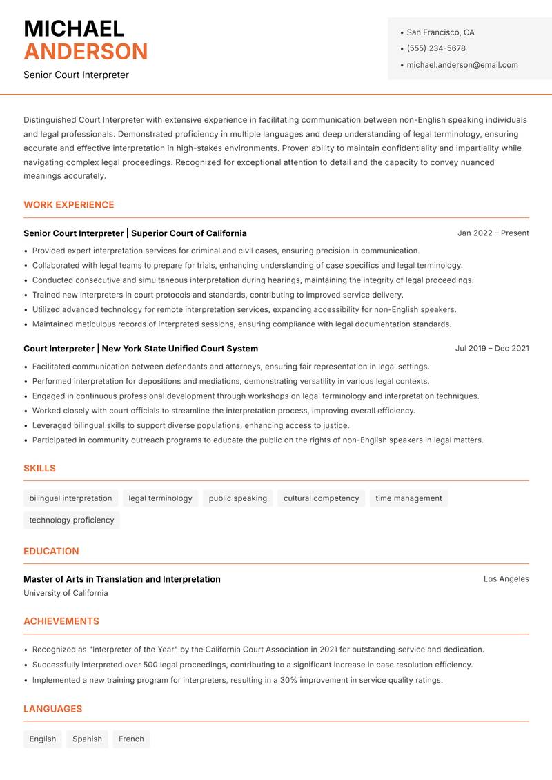 Court Interpreter Resume Template