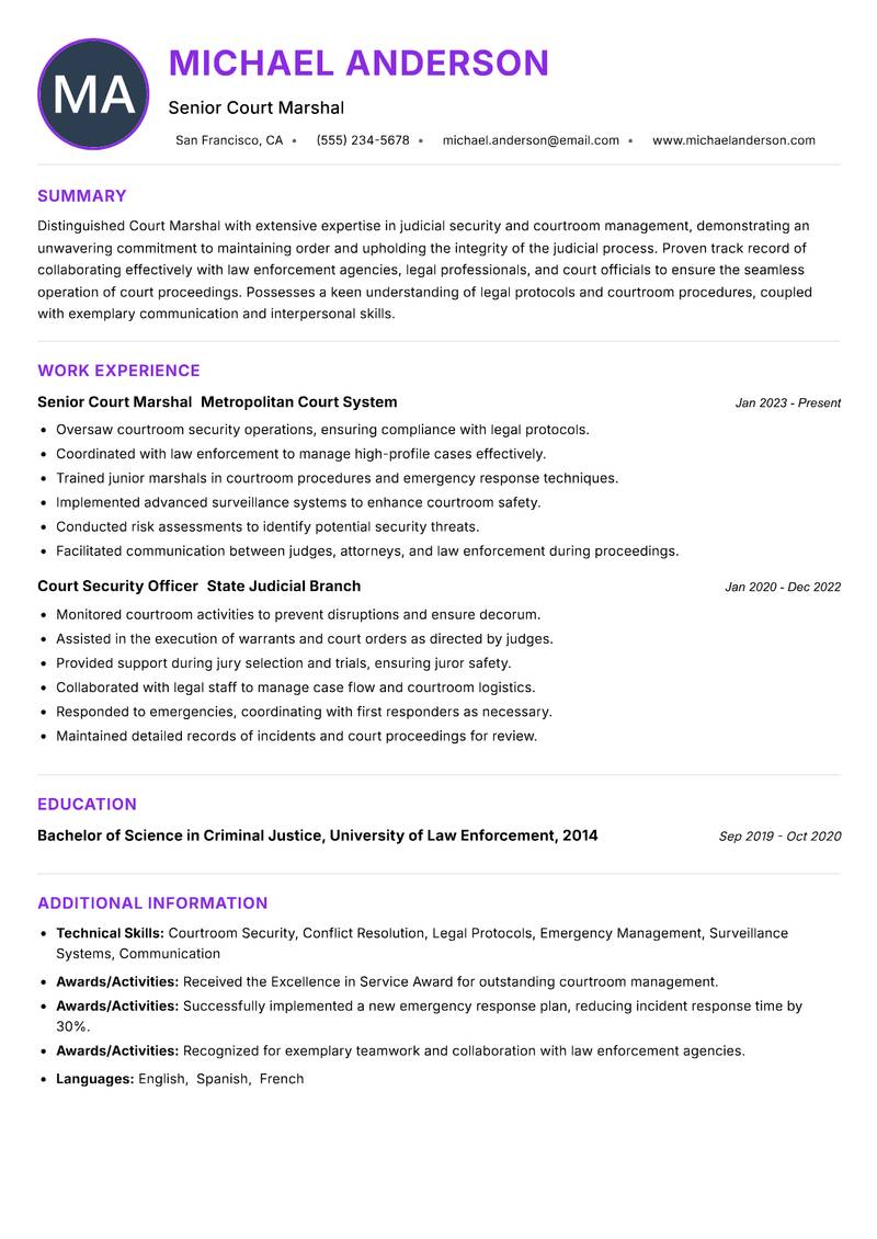 Court Marshal Resume Preview Example
