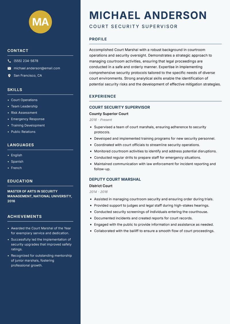 Court Marshal Resume Preview Example