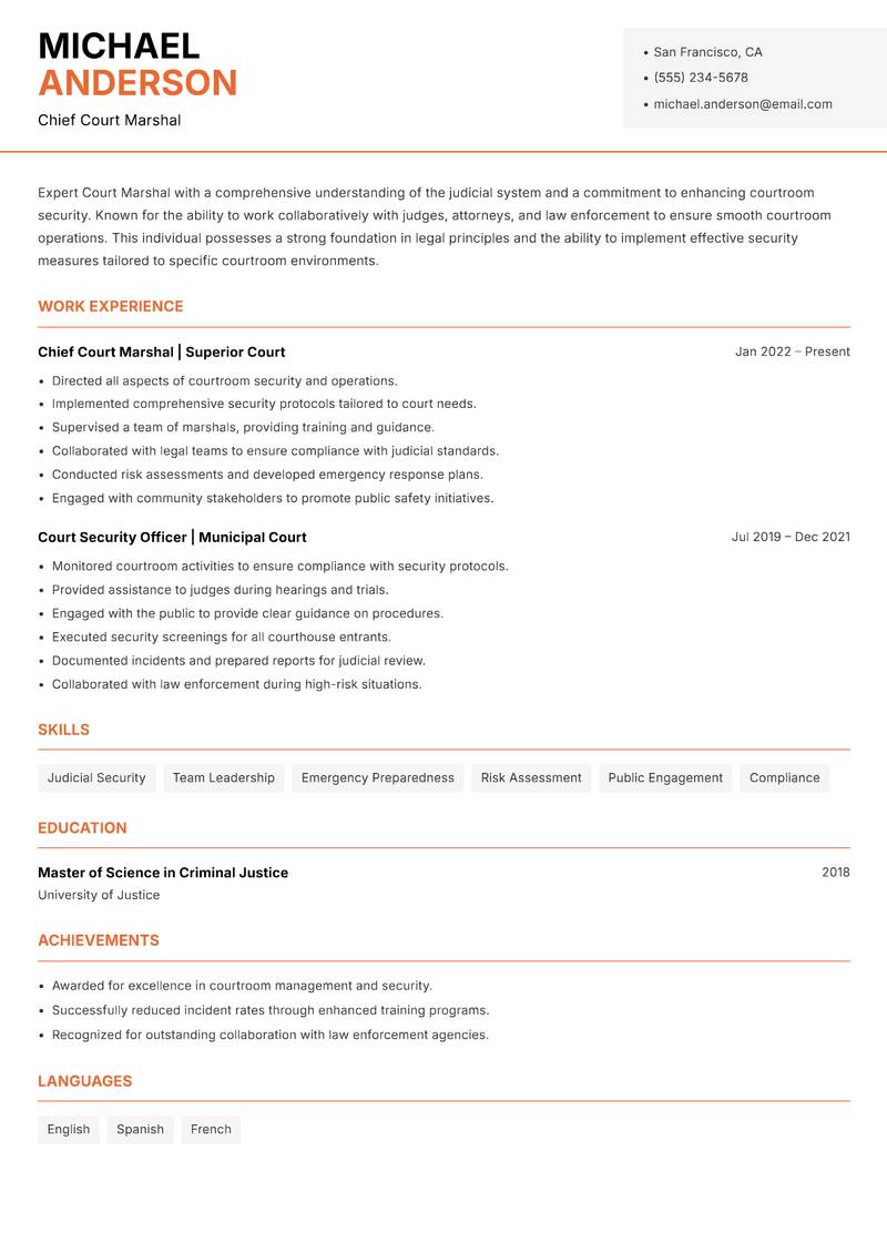 Court Marshal Resume Template