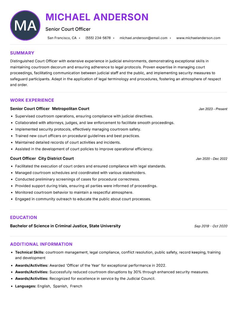 Court Officer Resume Preview Example