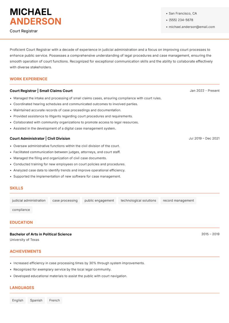 Court Registrar Resume Template