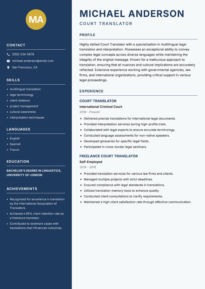 Court Translator Resume Preview Example