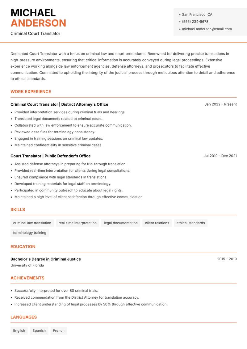 Court Translator Resume Template
