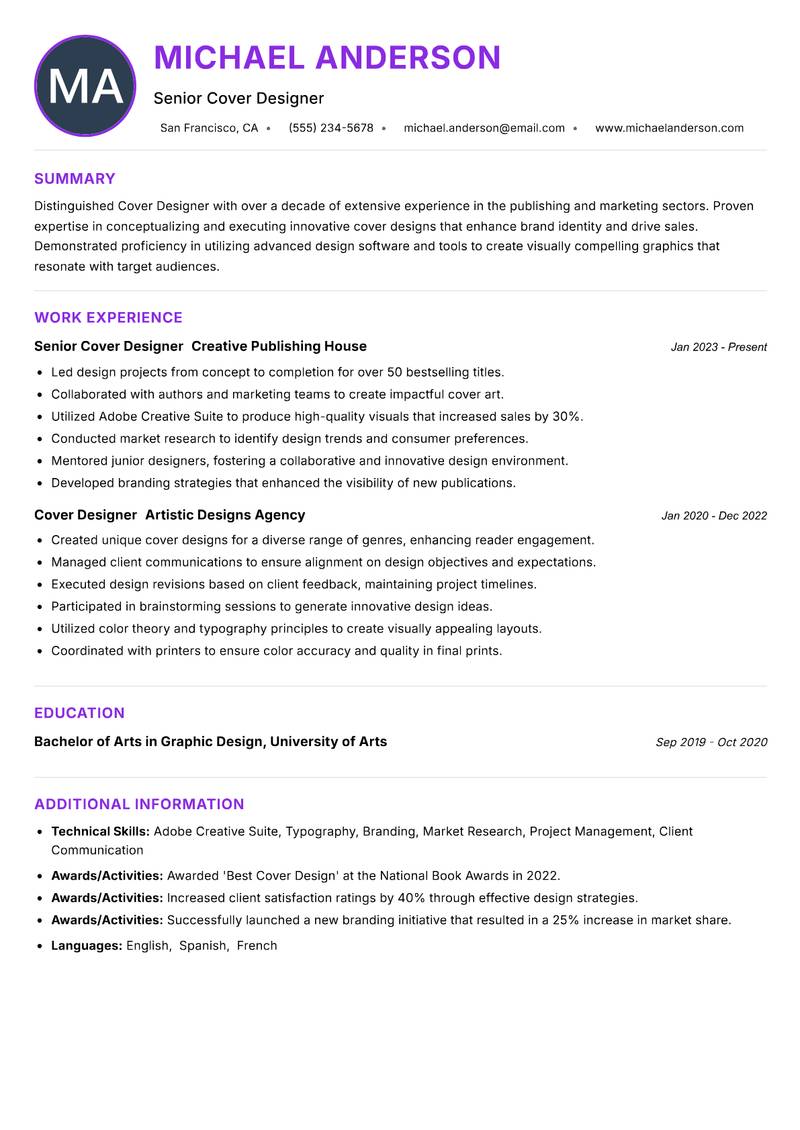 Cover Designer Resume Preview Example