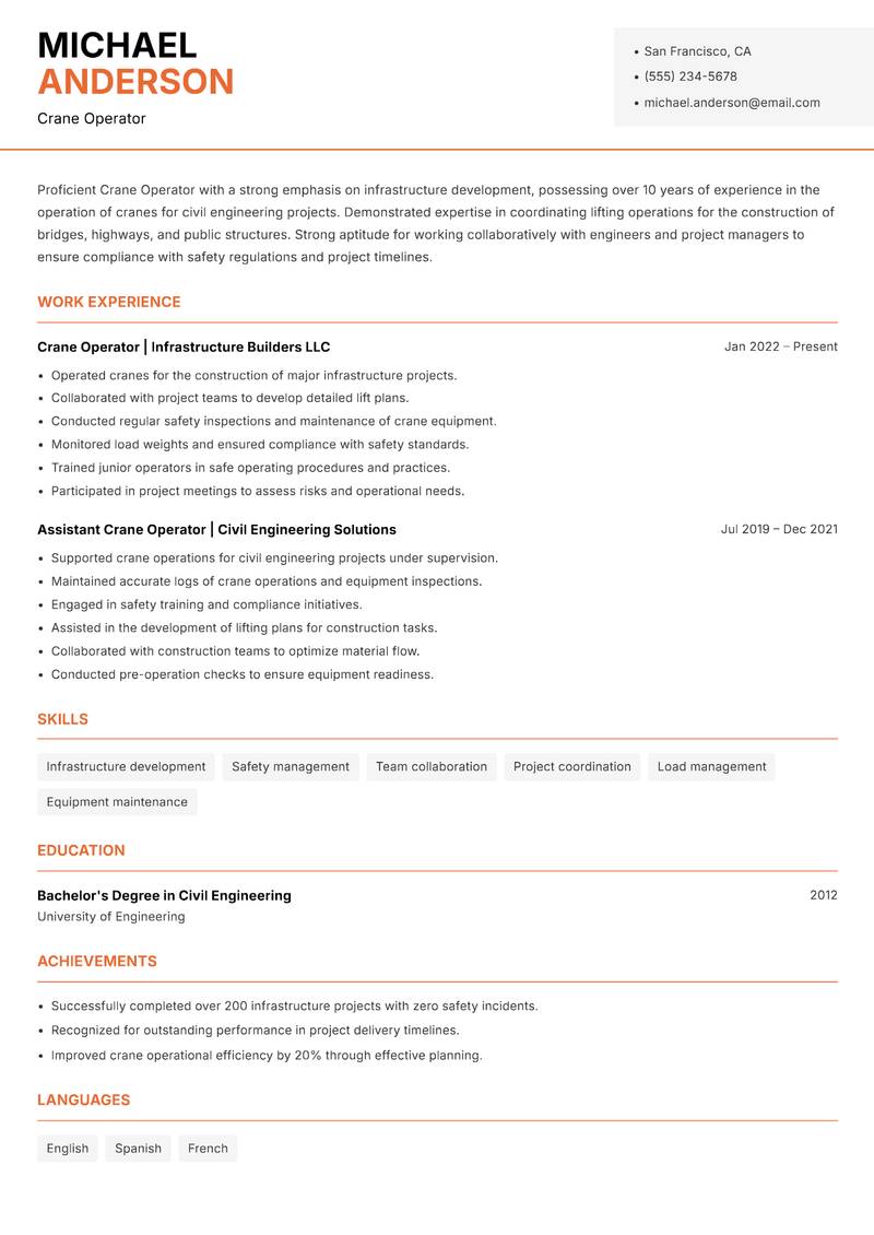 Crane Operator Resume Template
