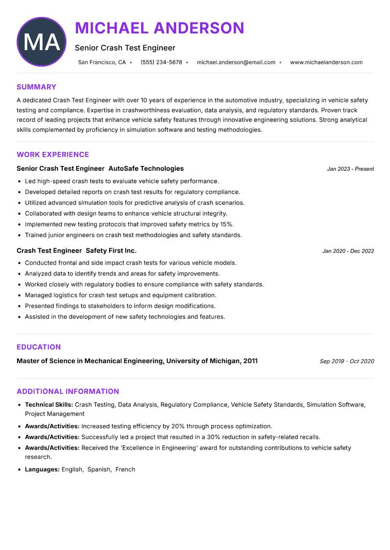 Crash Test Engineer Resume Preview Example