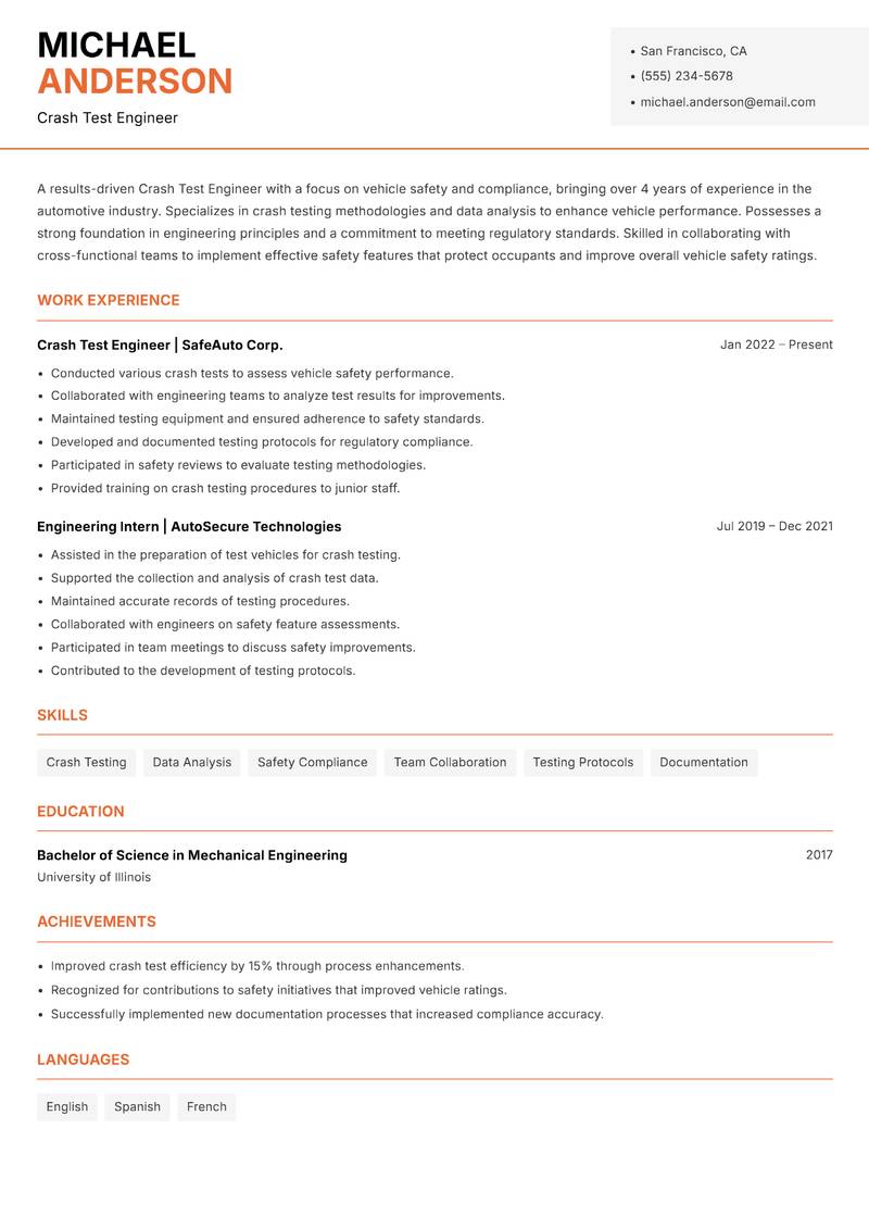 Crash Test Engineer Resume Template