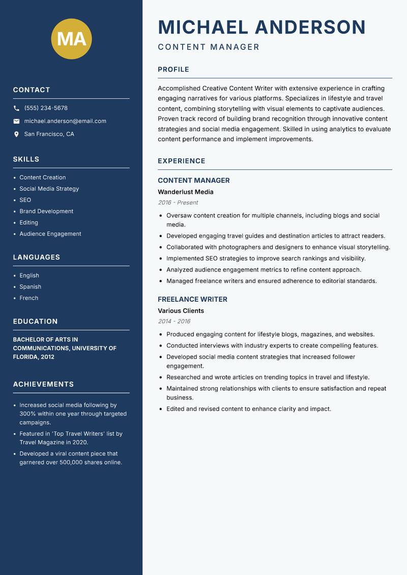 Creative Content Writer Resume Preview Example