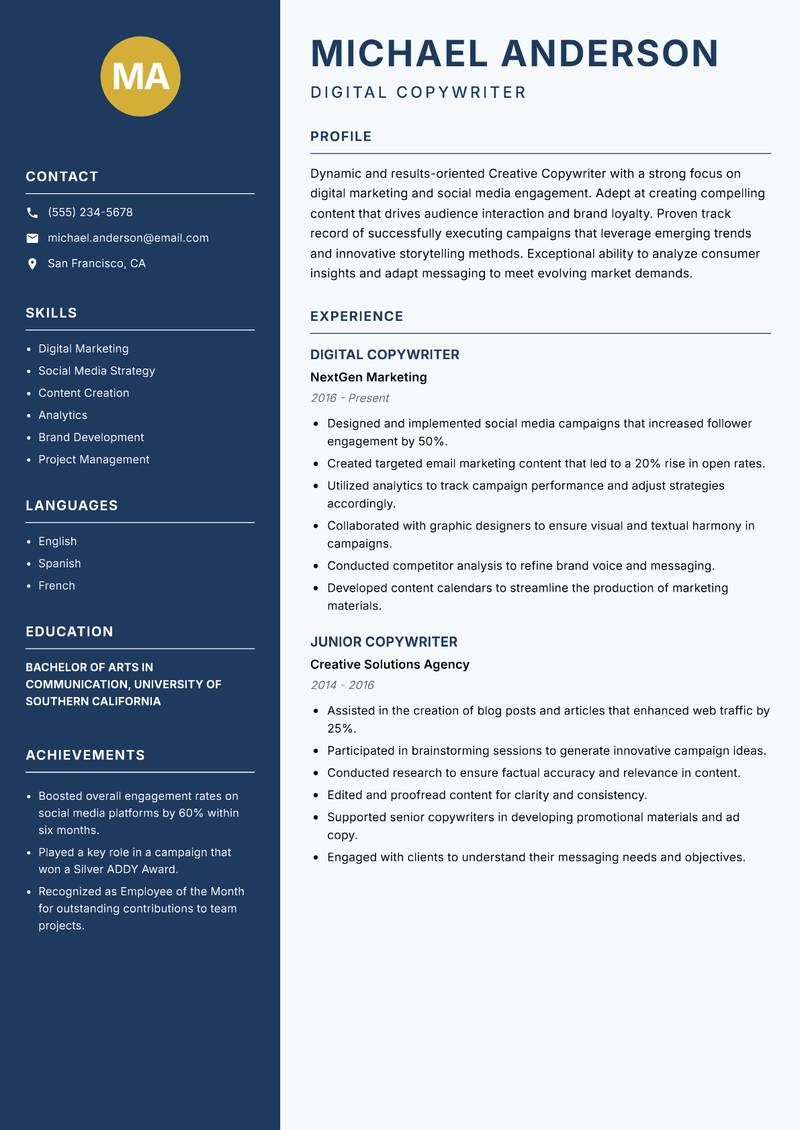 Creative Copywriter Resume Preview Example