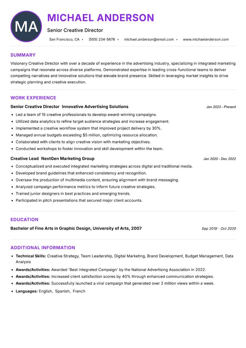 Creative Director Advertising Resume Preview Example