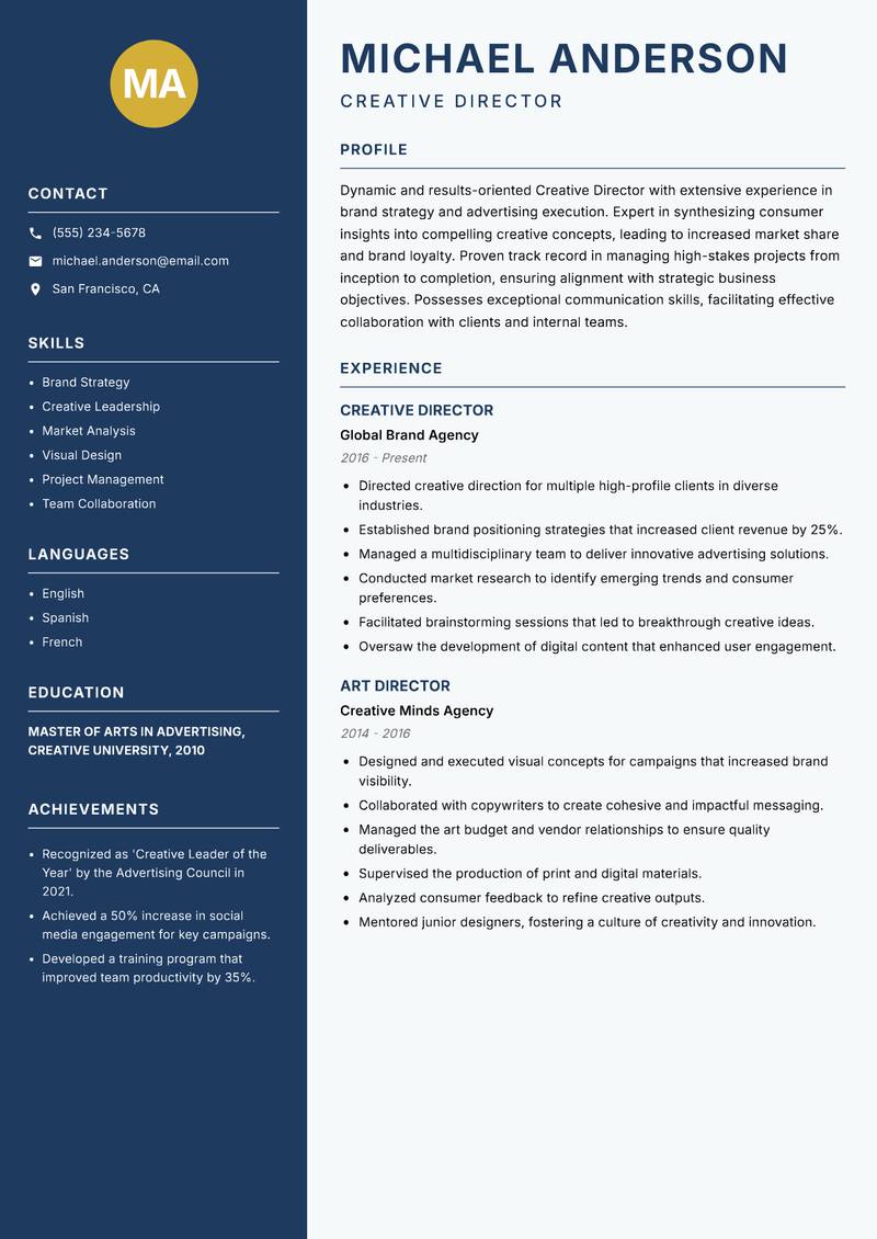 Creative Director Advertising Resume Preview Example