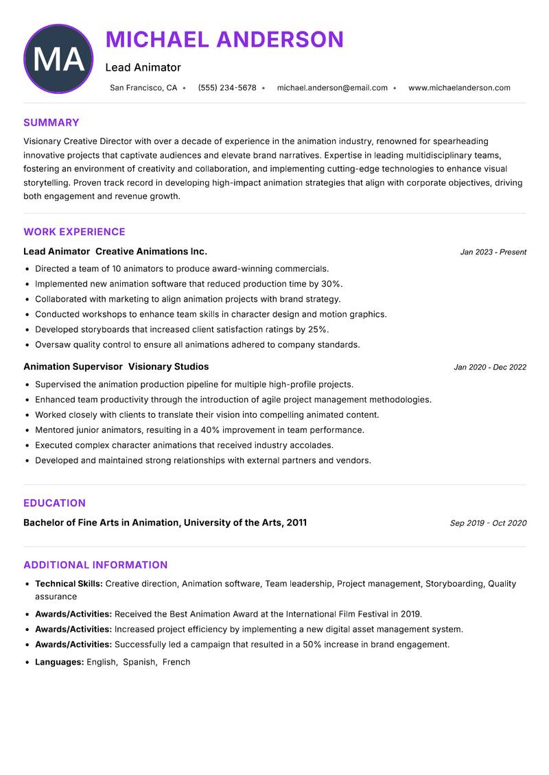 Creative Director Animation Resume Preview Example