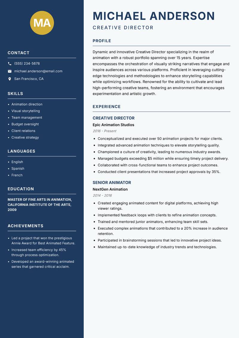 Creative Director Animation Resume Preview Example