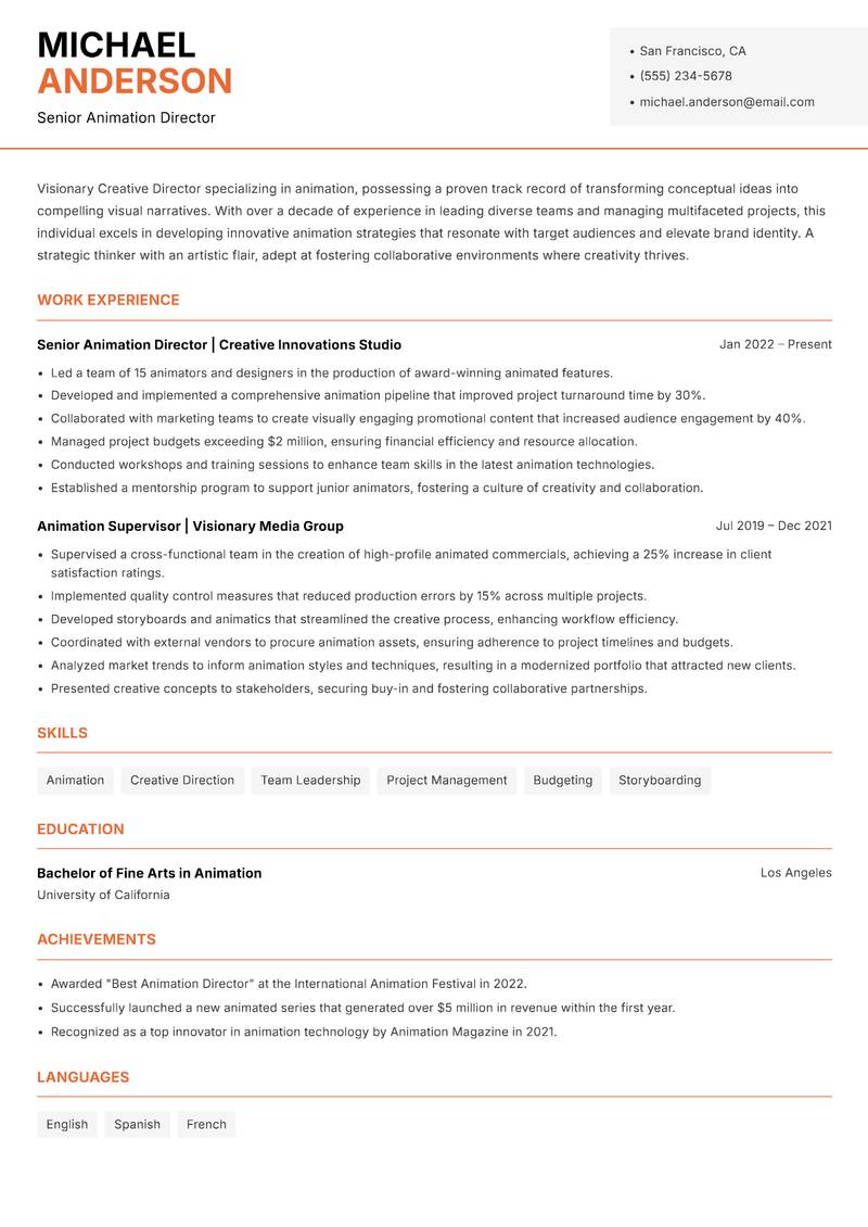 Creative Director Animation Resume Template