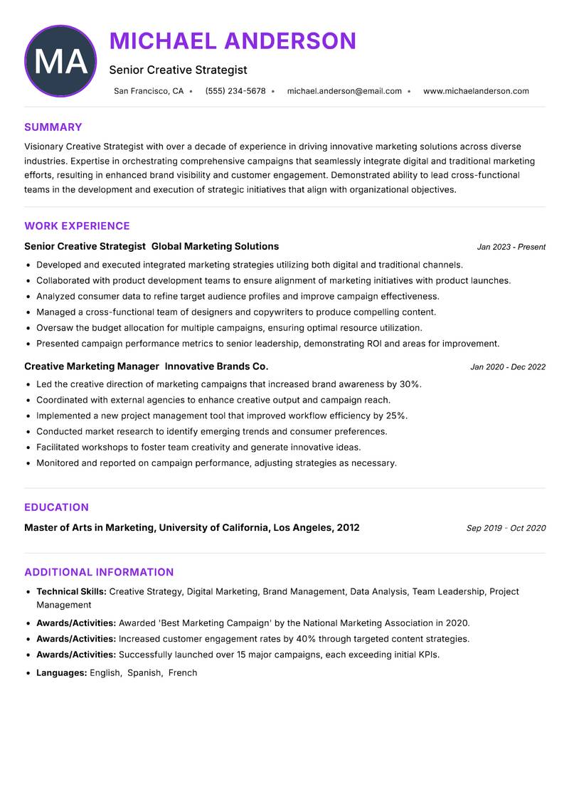 Creative Strategist Resume Preview Example