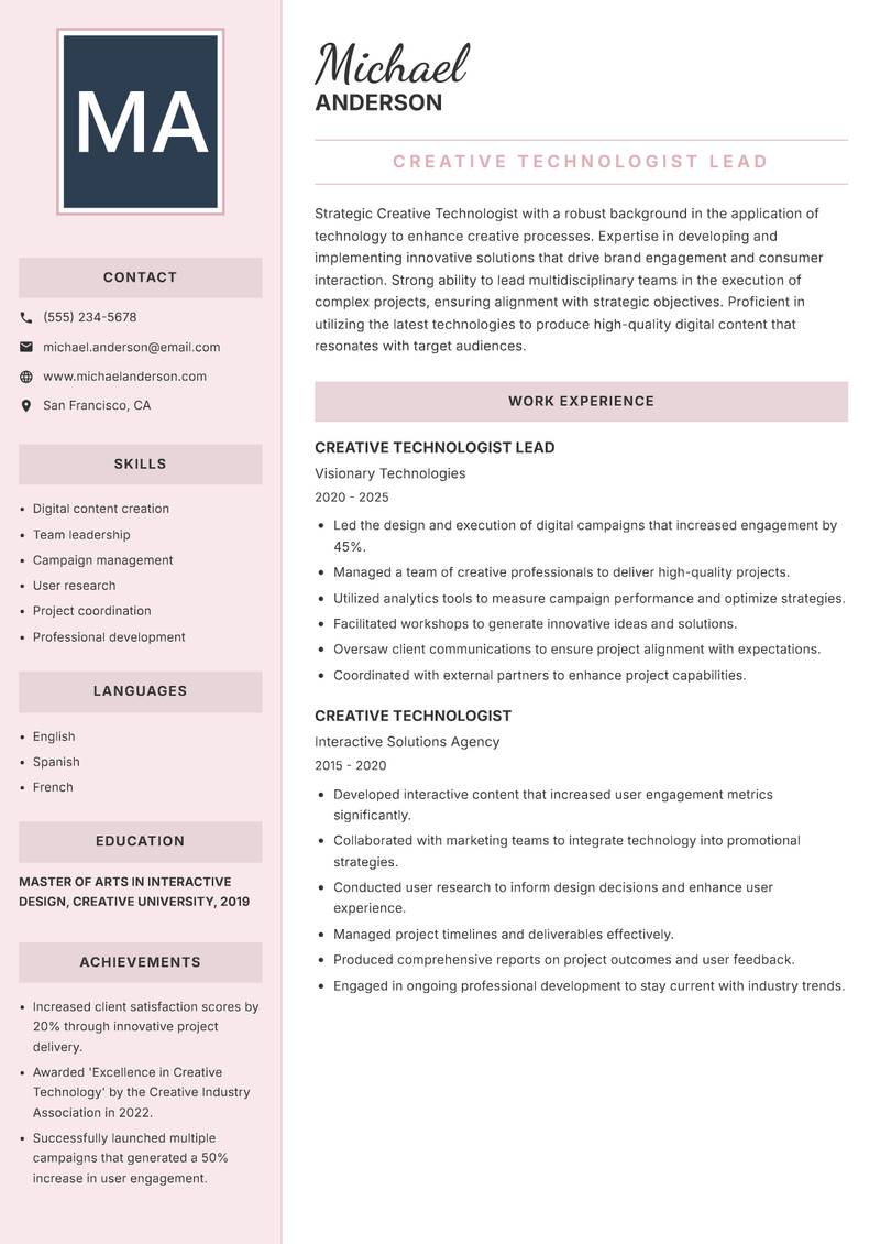 Creative Technologist Resume Preview Example