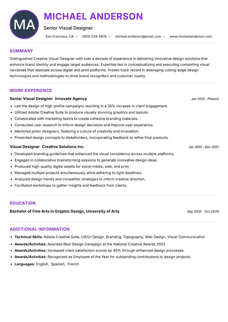 Creative Visual Designer Resume Preview Example