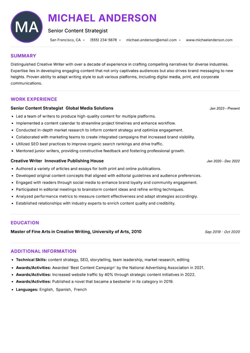 Creative Writer Resume Preview Example