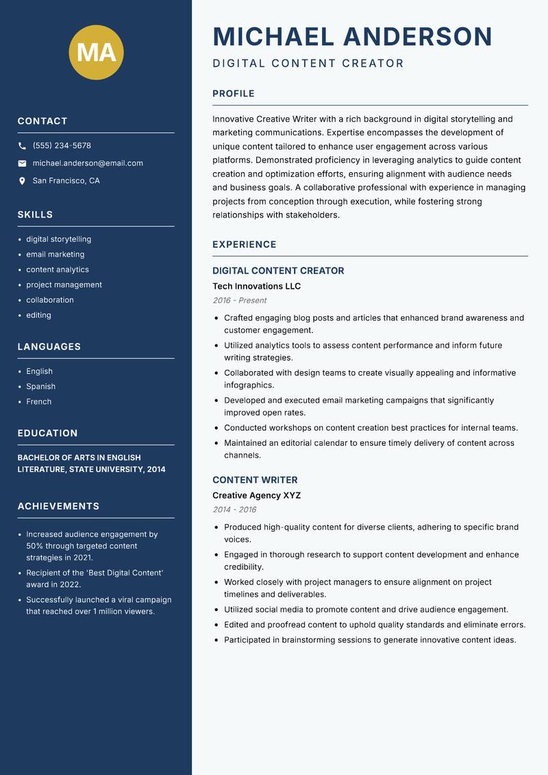 Creative Writer Resume Preview Example