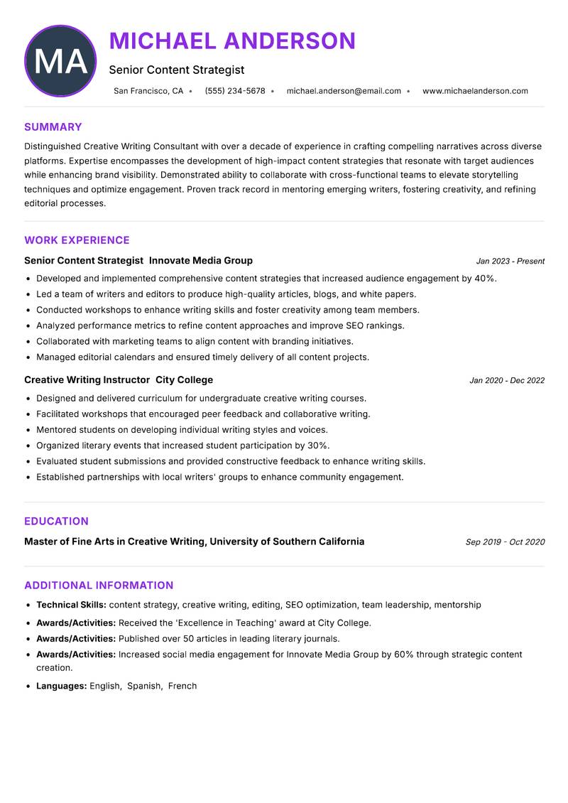 Creative Writing Consultant Resume Preview Example