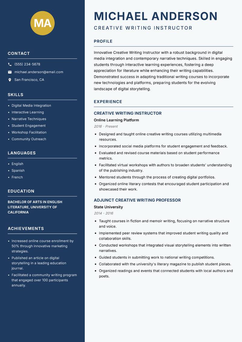 Creative Writing Instructor Resume Preview Example