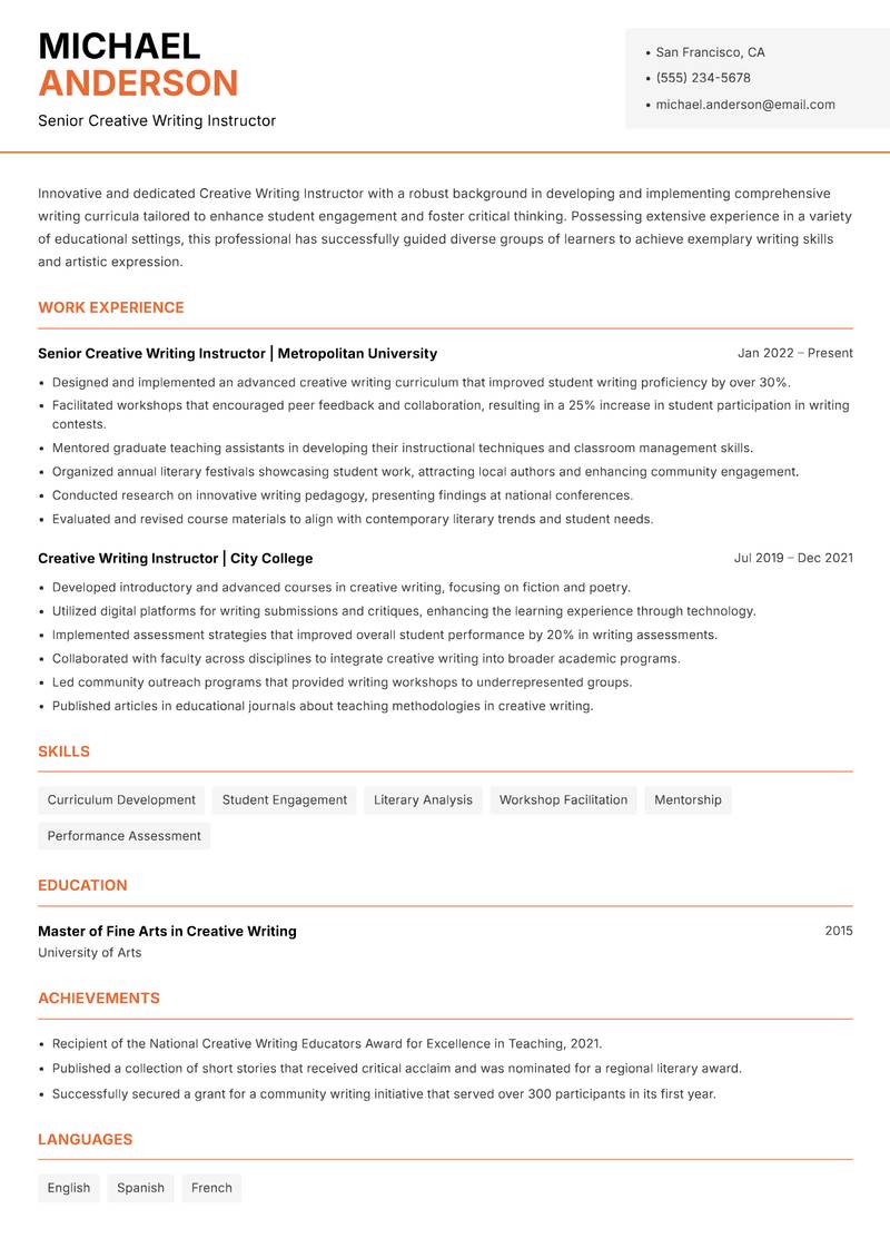 Creative Writing Instructor Resume Template