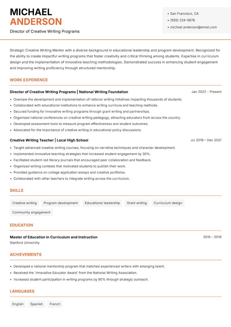 Creative Writing Mentor Resume Template