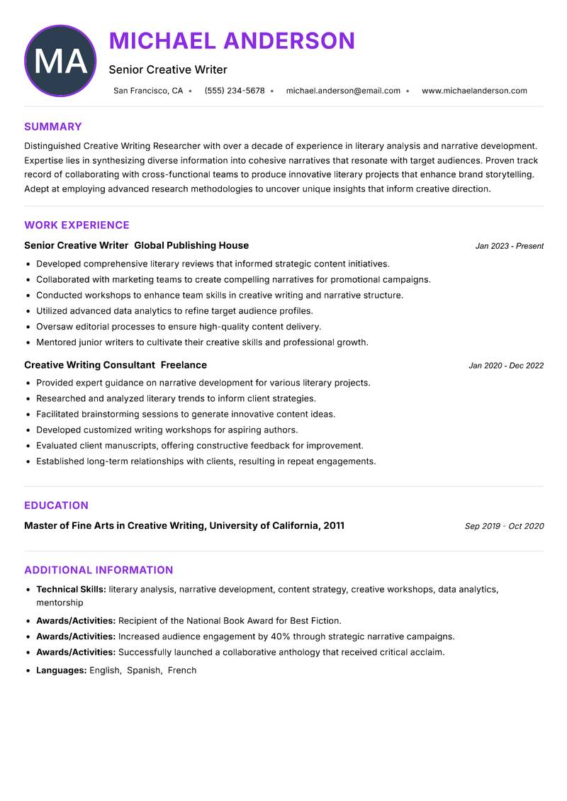 Creative Writing Researcher Resume Preview Example