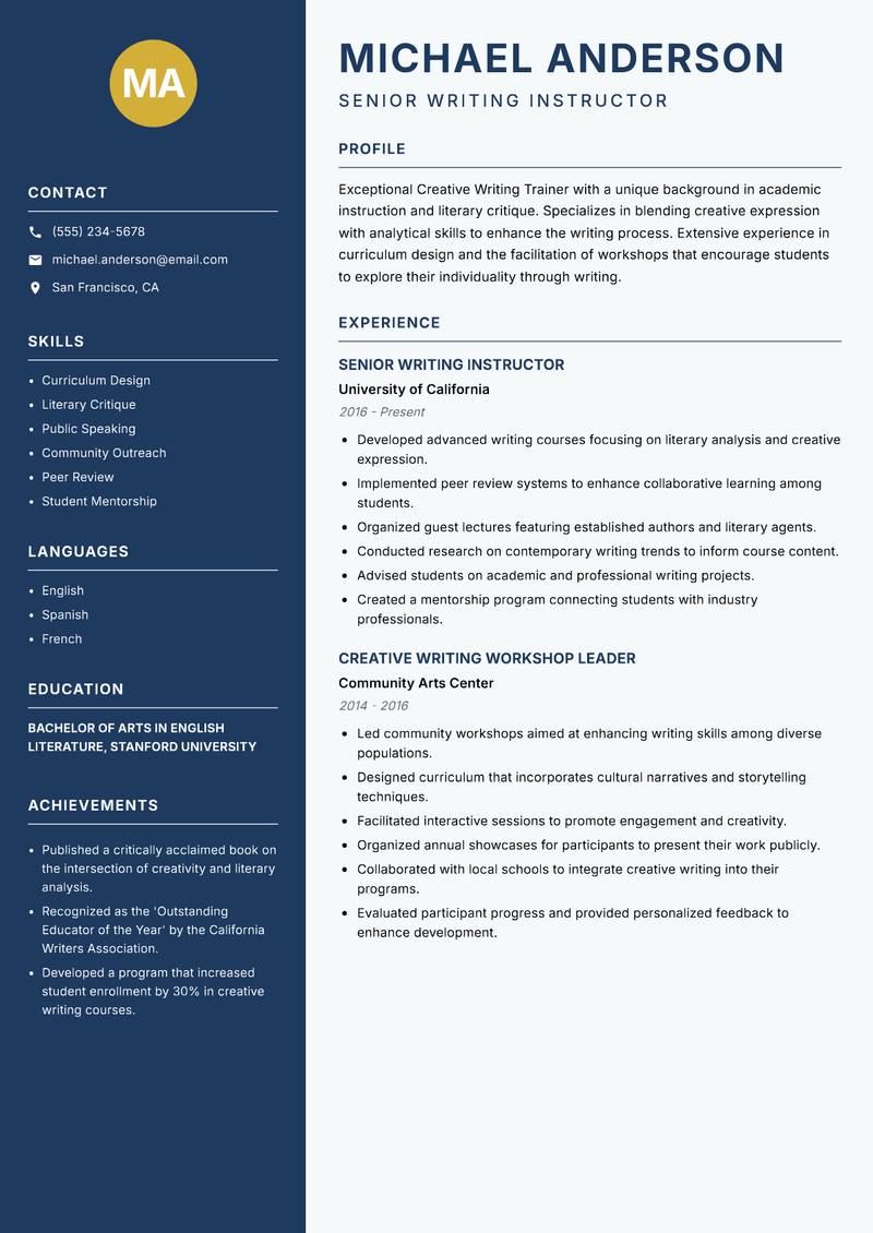 Creative Writing Trainer Resume Preview Example