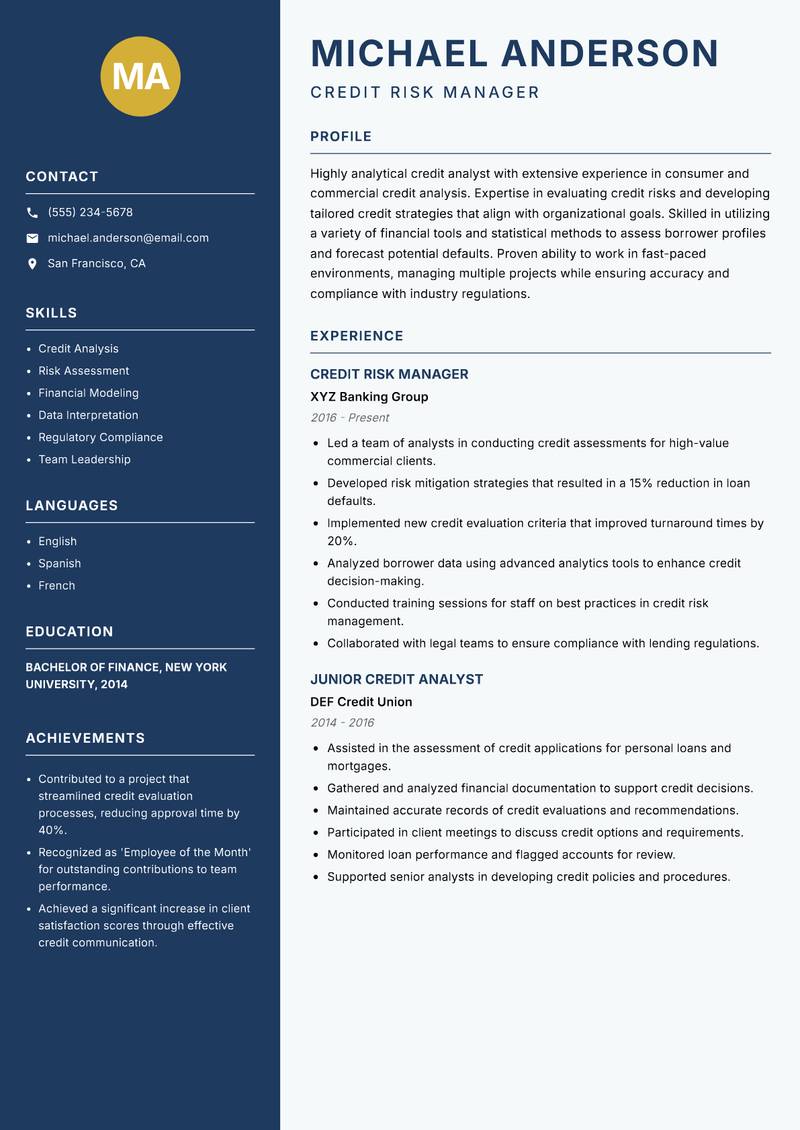 Credit Analyst Resume Preview Example
