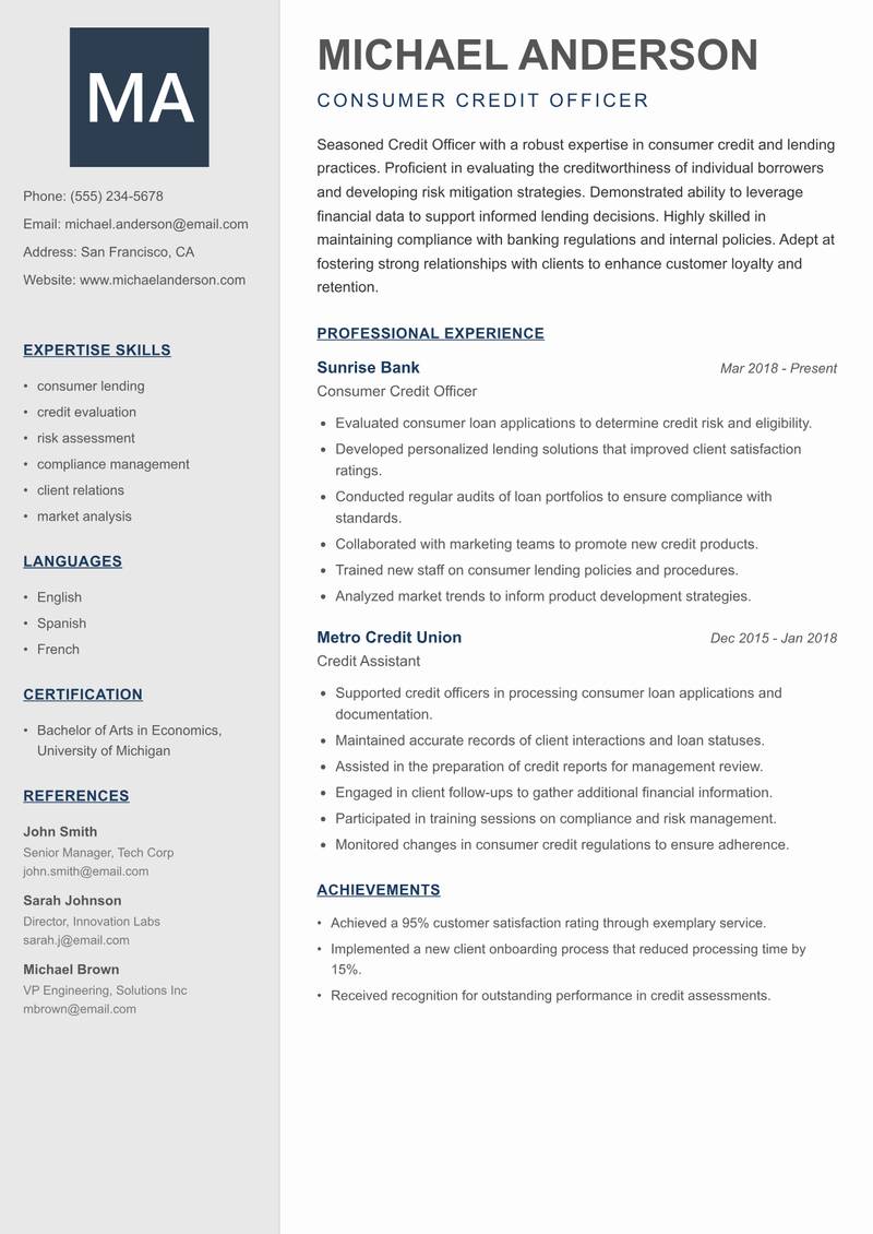 Credit Officer Resume Preview Example